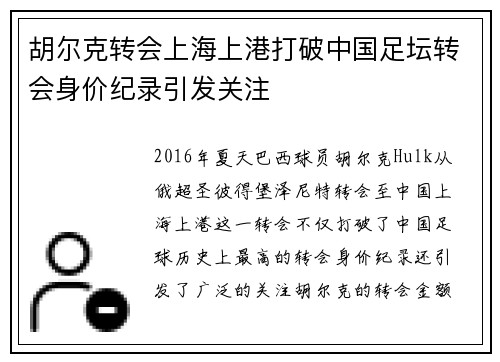 胡尔克转会上海上港打破中国足坛转会身价纪录引发关注