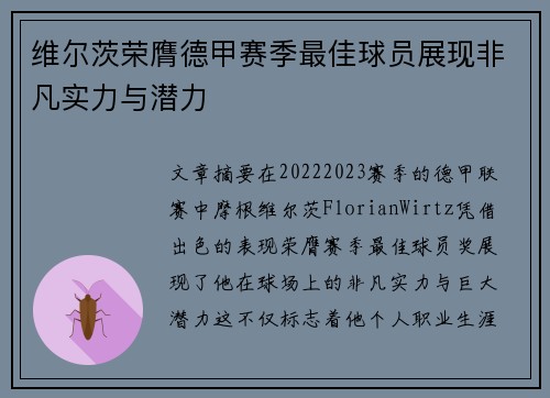 维尔茨荣膺德甲赛季最佳球员展现非凡实力与潜力