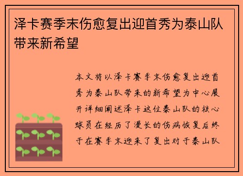 泽卡赛季末伤愈复出迎首秀为泰山队带来新希望